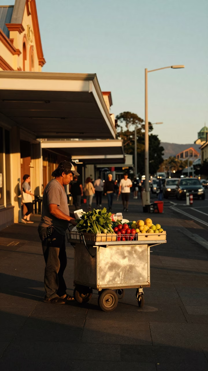 Hobart Tasmania Evening Light Street Scene with Rolling Carts and Leaf Shadows in in Hobart, Tasmania, Australia