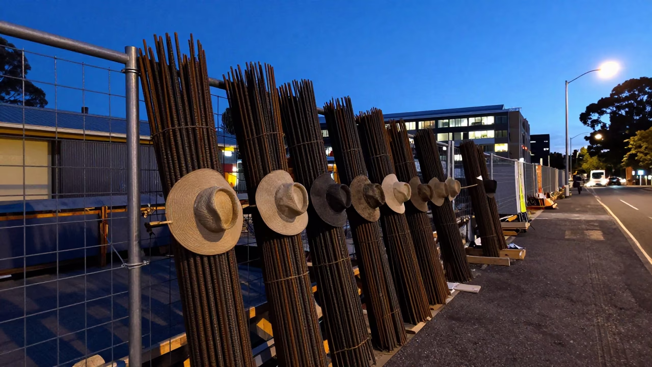 Hobart Tasmania Evening Light Sun Hats Hanging on Construction Site Fence in in Hobart, Tasmania, Australia