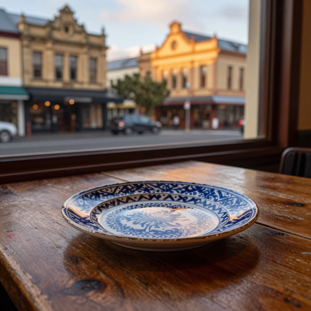 Hobart Tasmania Evening Light Vintage Majolica Plate on Wooden Table in in Hobart, Tasmania, Australia