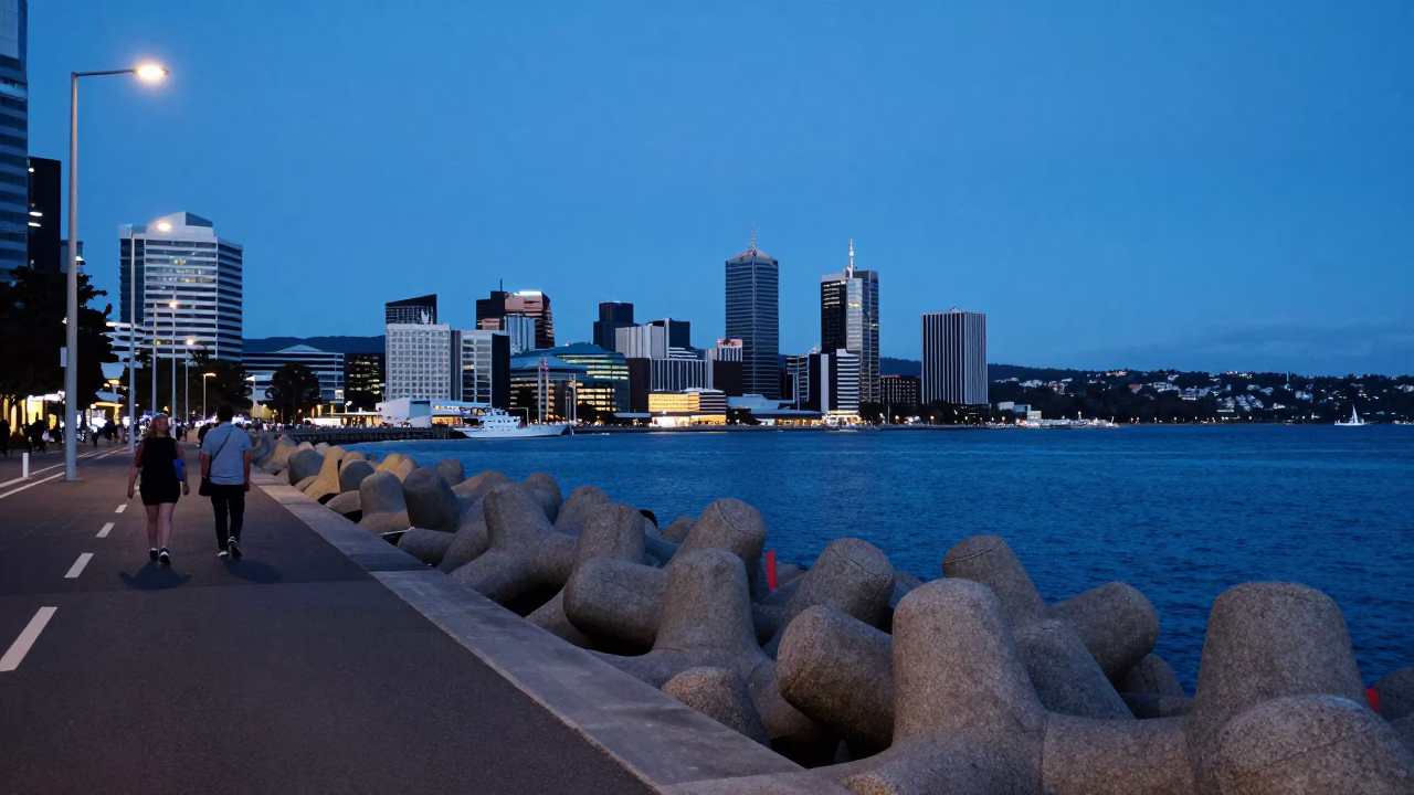 Hobart Tasmania evening street scene with breakwater tetrapods and coastal surf in in Hobart, Tasmania, Australia