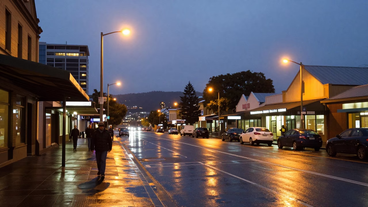 Hobart Tasmania Evening Street Scene with Dusk Lighting and Local Urban Atmosphere in in Hobart, Tasmania, Australia