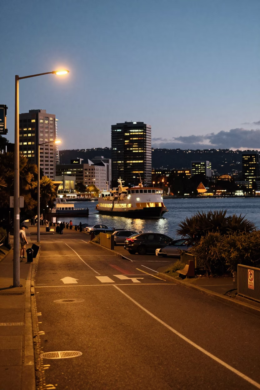Hobart Tasmania Evening Street Scene with Ferry Lights and Urban Ambiance in in Hobart, Tasmania, Australia