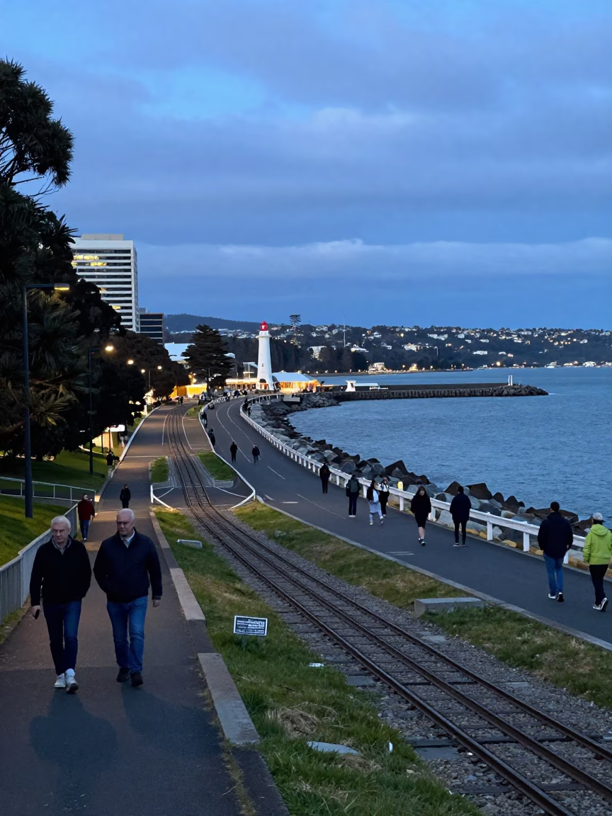 Hobart Tasmania evening street scene with funicular ascending hill and harbor breakwater view in in Hobart, Tasmania, Australia