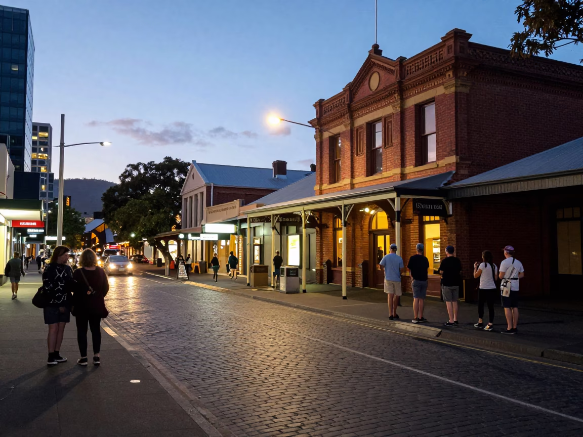 Hobart Tasmania evening street scene with locals and city lights glowing in in Hobart, Tasmania, Australia