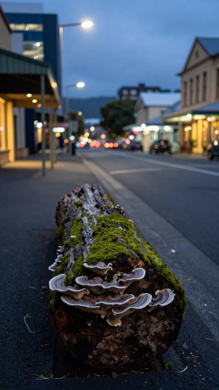Hobart Tasmania Evening Street Scene with Mossy Logs and Local Architecture in in Hobart, Tasmania, Australia