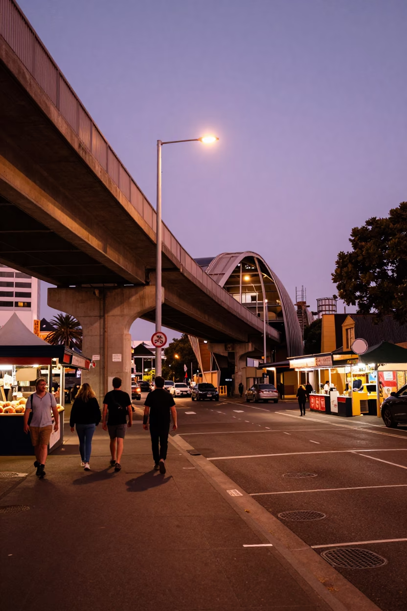 Hobart Tasmania evening street scene with overpass and urban activity in in Hobart, Tasmania, Australia