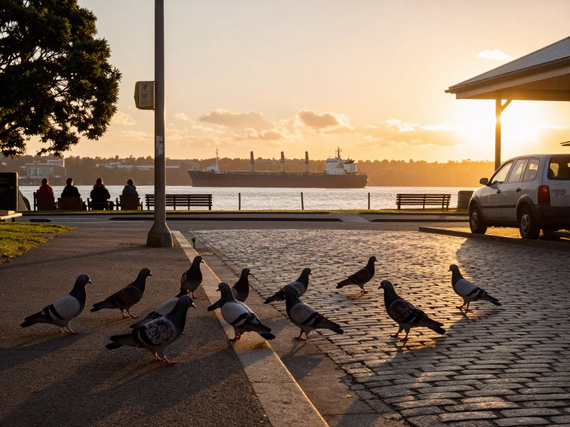 Hobart Tasmania evening street scene with pigeons and vintage coffee grinder in in Hobart, Tasmania, Australia