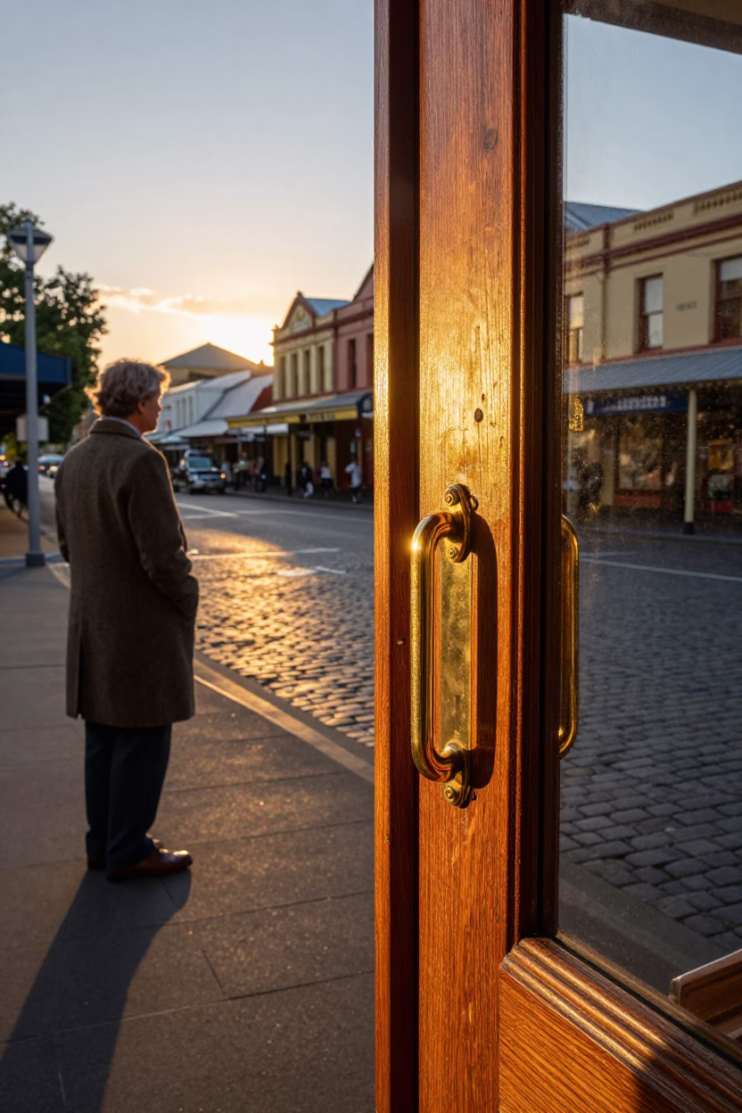 Hobart Tasmania evening street scene with polished brass handle and local interaction in in Hobart, Tasmania, Australia