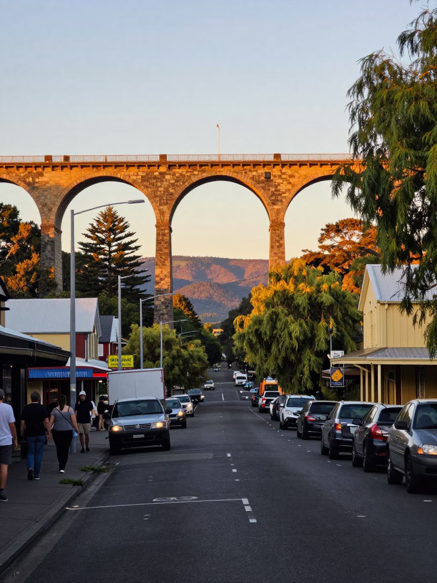 Hobart Tasmania Evening Street Scene with Railway Viaduct and Willows in in Hobart, Tasmania, Australia