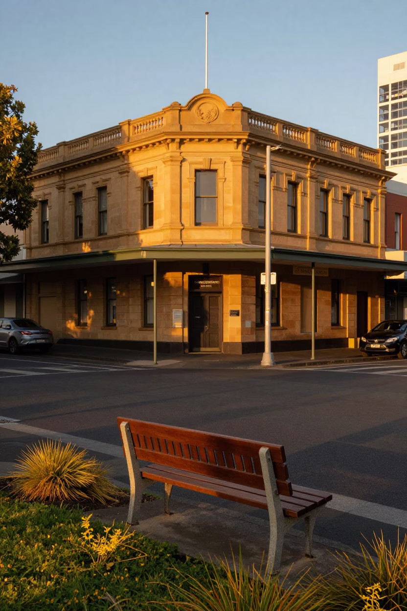 Hobart Tasmania Evening Street Scene with Rake Heads and Pollen on Bench in in Hobart, Tasmania, Australia