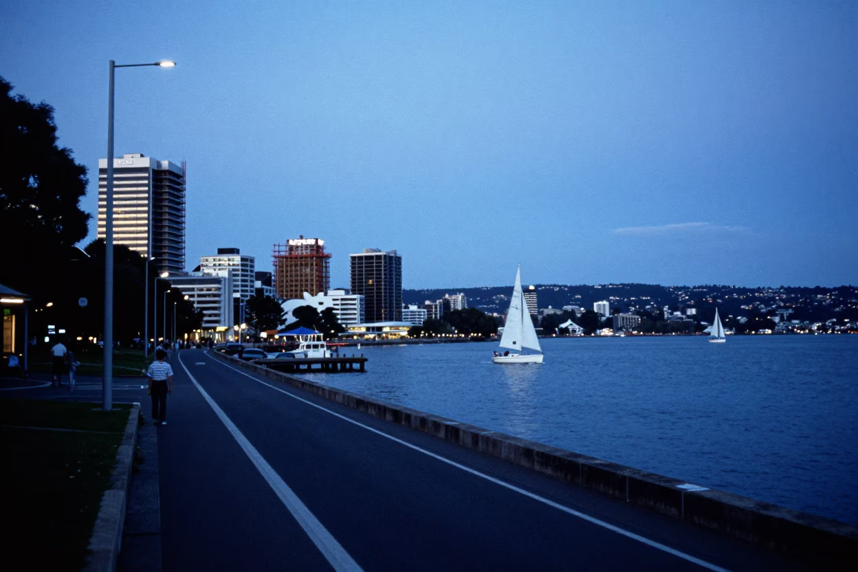 Hobart Tasmania Evening Street Scene with Sailboats and Construction in Blue Hour in in Hobart, Tasmania, Australia