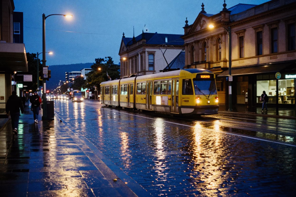 Hobart Tasmania Evening Street Scene with Tram Reflection and Urban Cobblestones in in Hobart, Tasmania, Australia