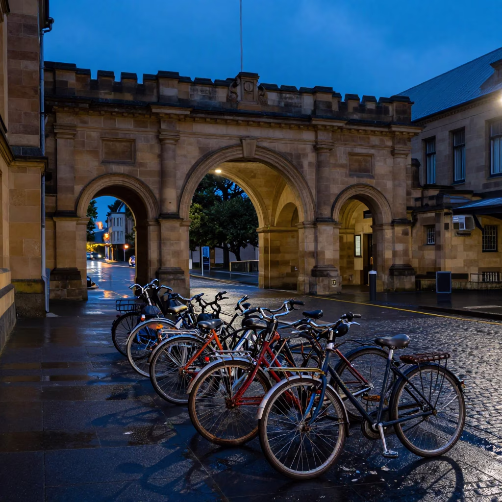 Hobart Tasmania Evening Street Scene with University Archway and Wet Bicycle Rack in in Hobart, Tasmania, Australia