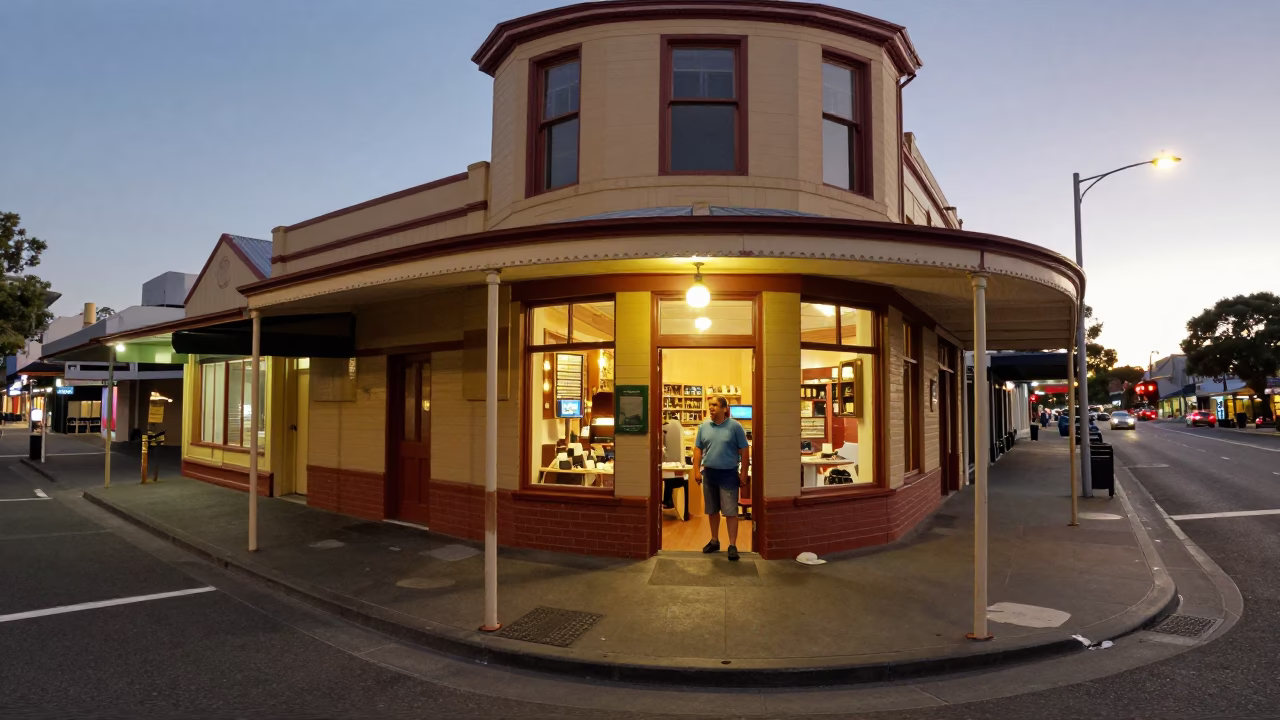 Hobart Tasmania Evening Street Scene with Vintage 1950s Details and City Lights in in Hobart, Tasmania, Australia