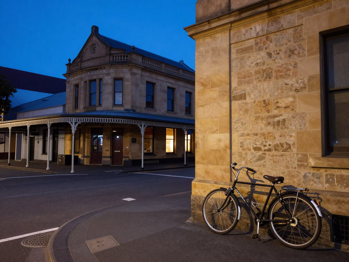 Hobart Tasmania Evening Street Scene with Vintage Details and Blue Light in in Hobart, Tasmania, Australia