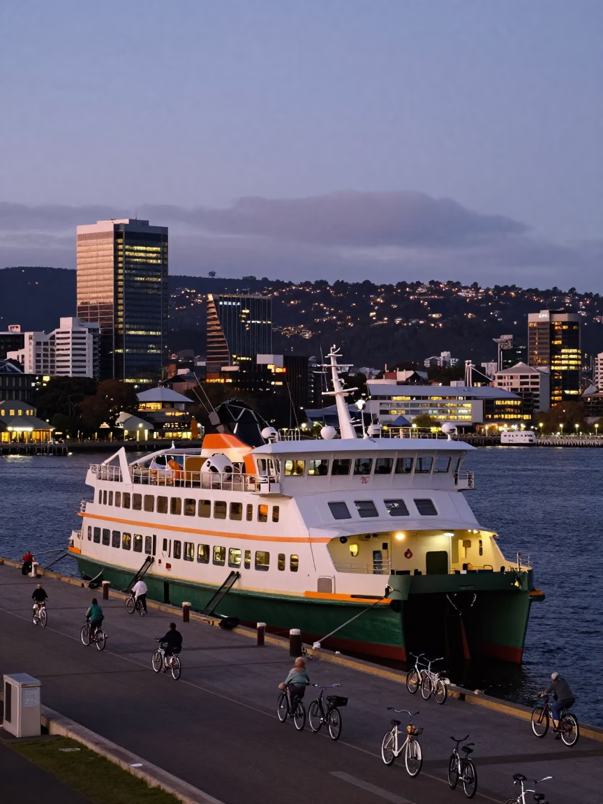 Hobart Tasmania Ferry Dock at Dusk with Bicycles and City Lights in in Hobart, Tasmania, Australia