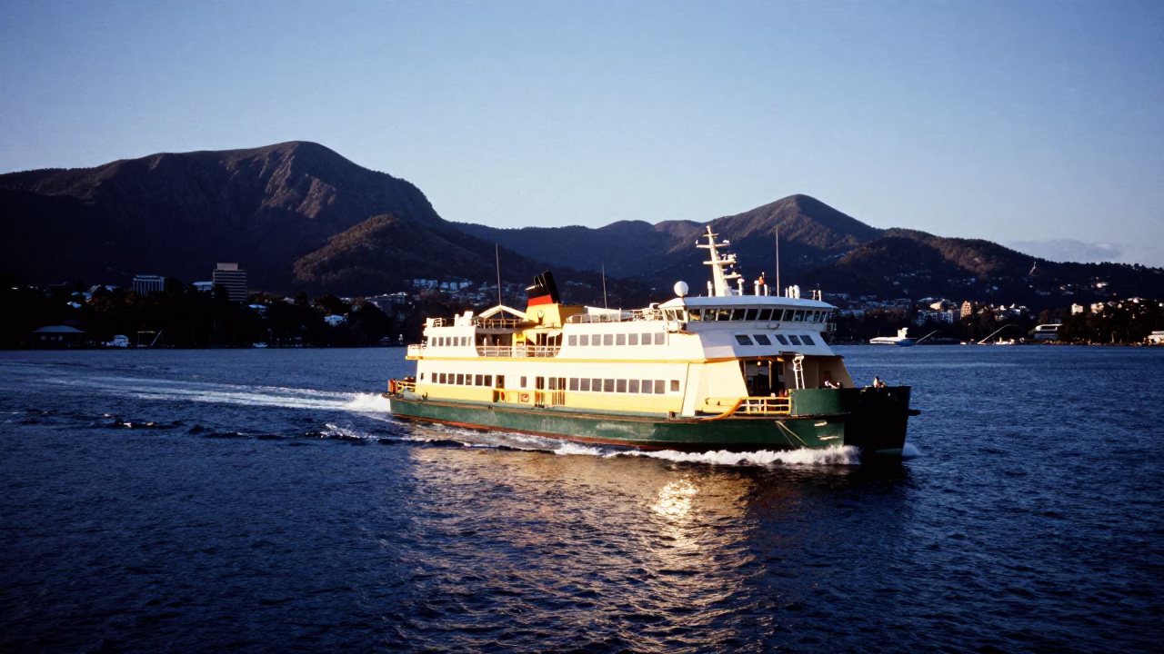 Hobart Tasmania Ferry Leaving Harbor with Mountains Behind in Evening Blue Light in in Hobart, Tasmania, Australia