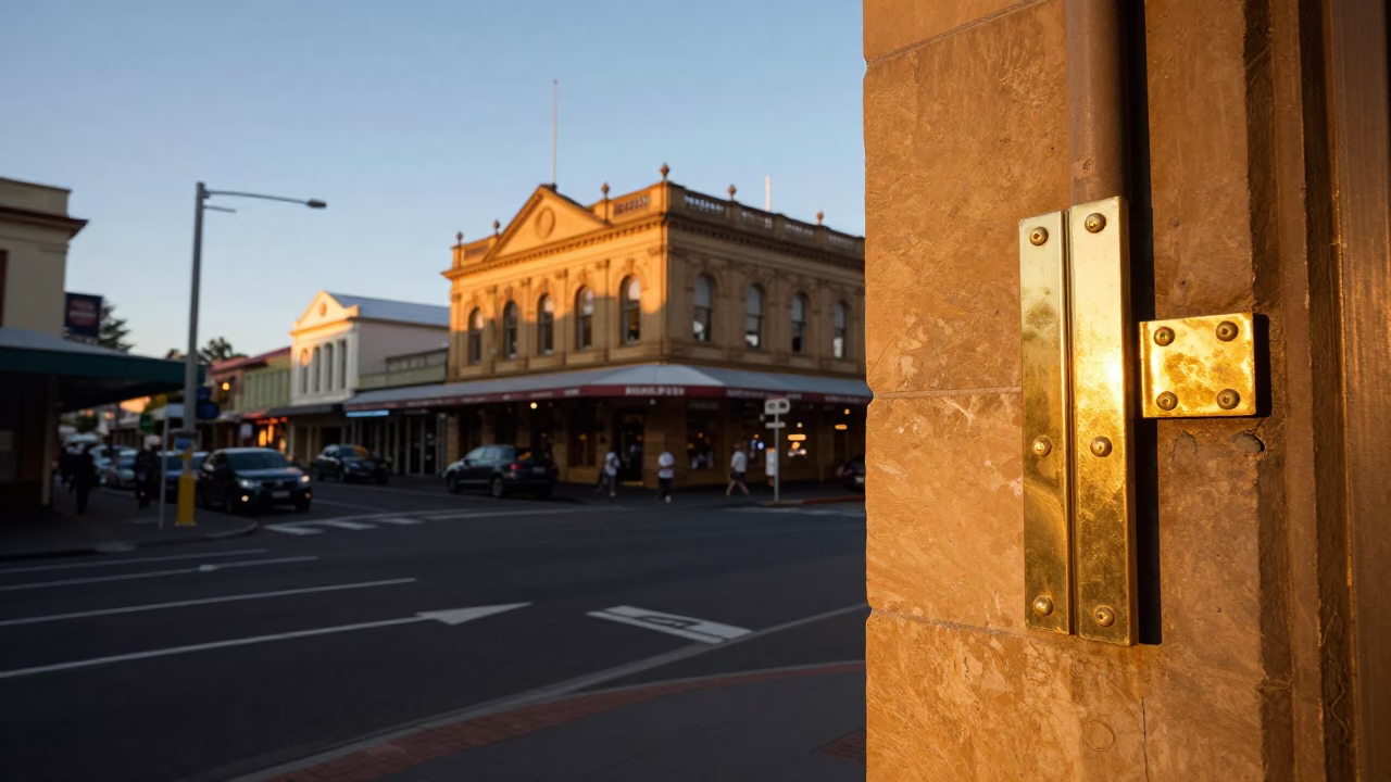 Hobart Tasmania Golden Hour Street Scene with Polished Brass Hinge Detail in in Hobart, Tasmania, Australia