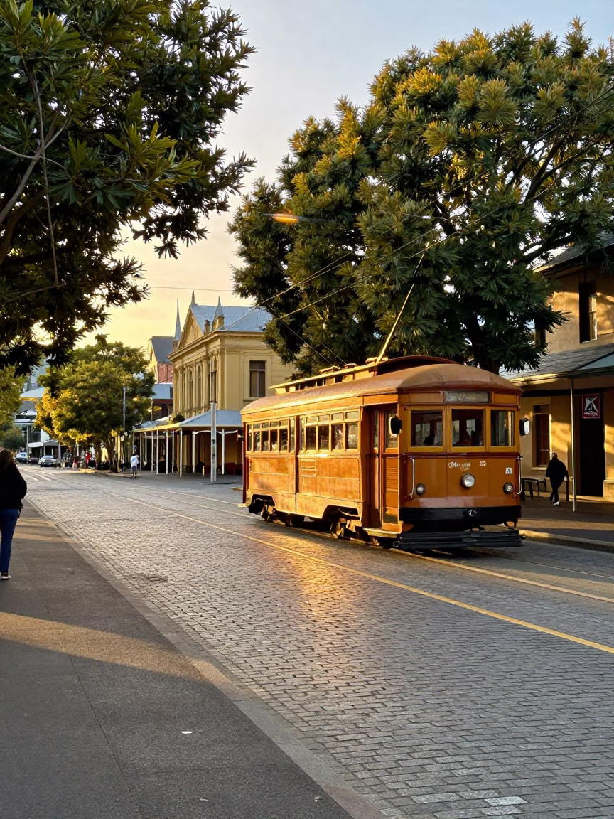 Hobart Tasmania Golden Hour Street Scene with Vintage Tramcar and Historic Architecture in in Hobart, Tasmania, Australia
