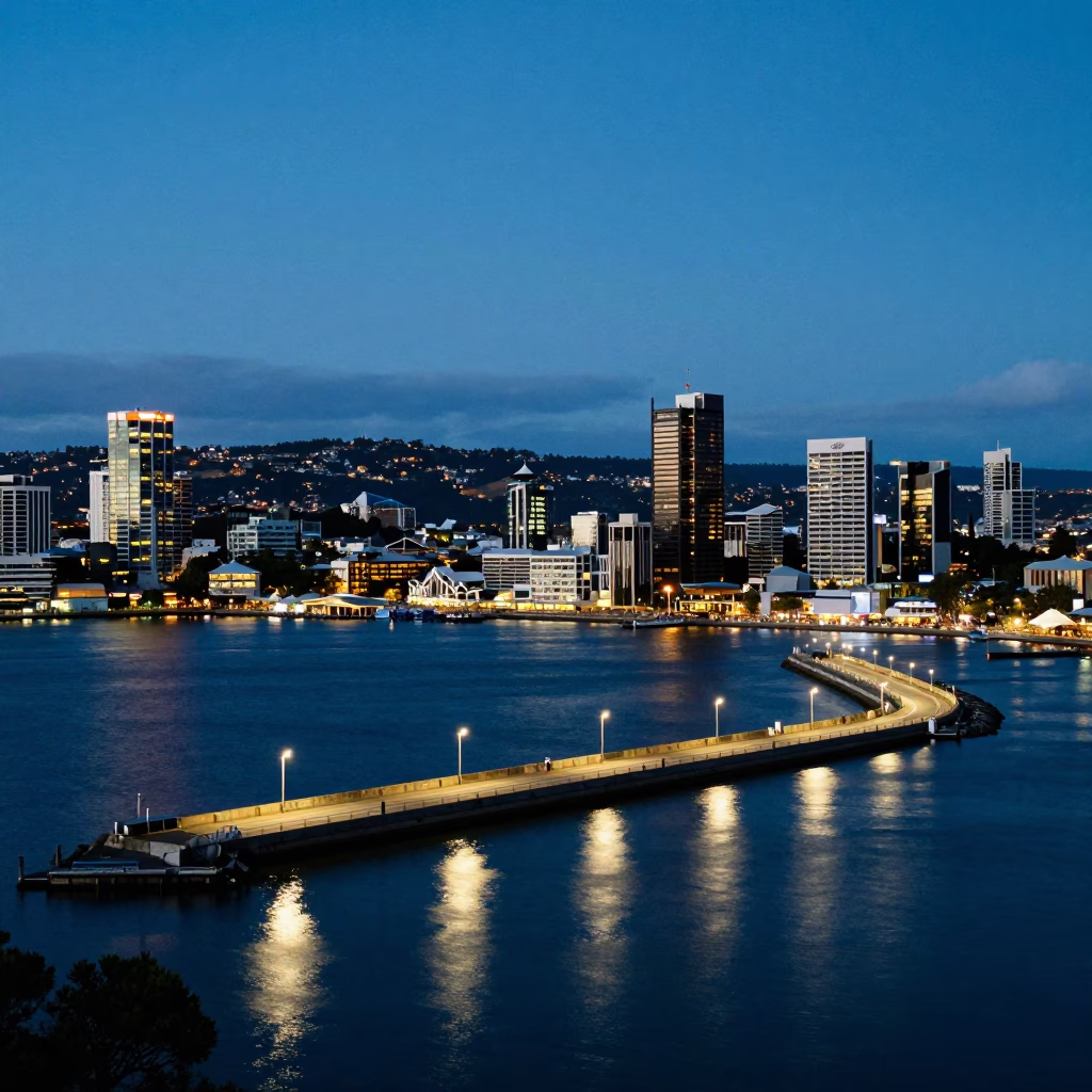 Hobart Tasmania Harbor Breakwater Blue Hour City Lights Glow Realistic Street Scene in in Hobart, Tasmania, Australia