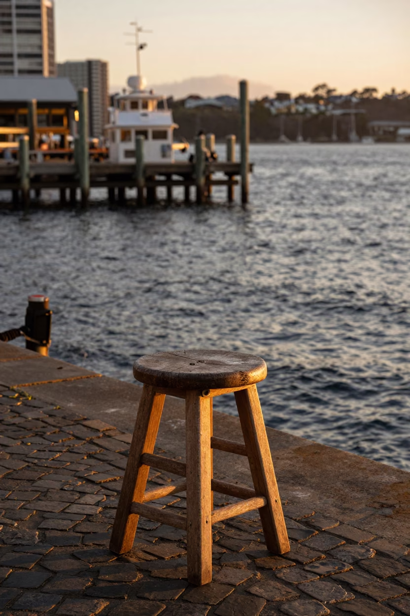Hobart Tasmania harbor evening light breaking water and wooden stool near waterfront in in Hobart, Tasmania, Australia