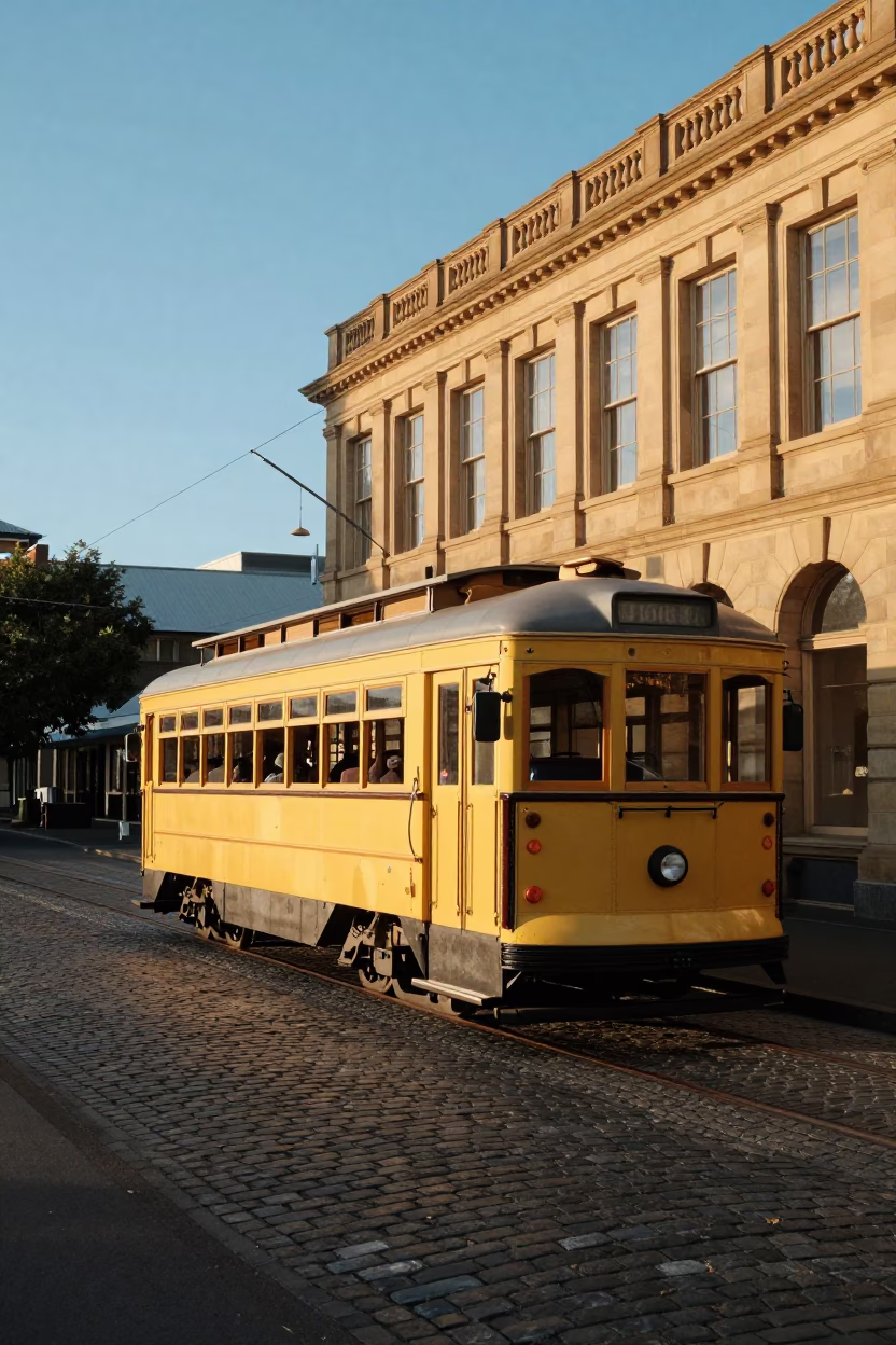 Hobart Tasmania Heritage Tram Cobblestone Street Late Afternoon Light in in Hobart, Tasmania, Australia