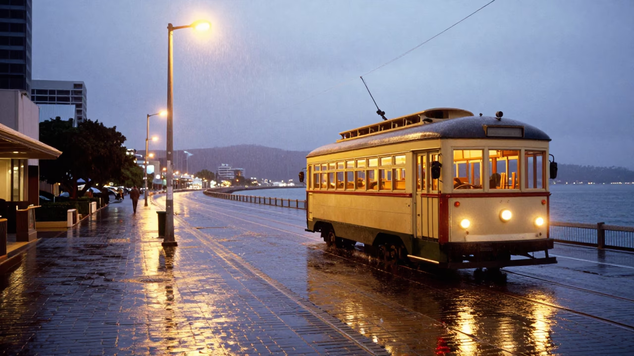 Hobart Tasmania Heritage Tram on Rain Swept Coastal Promenade at Dusk in in Hobart, Tasmania, Australia