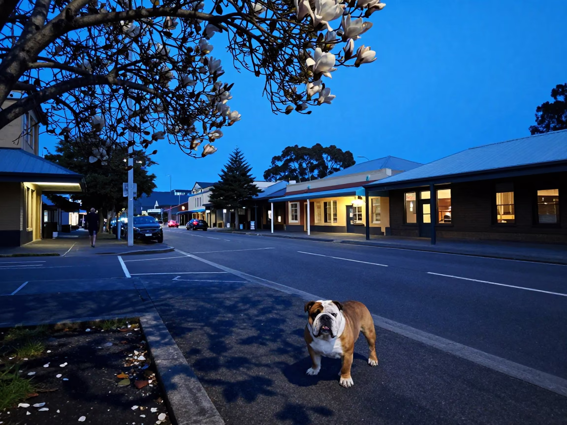Hobart Tasmania Indigo Twilight Street Scene with Bulldog and Magnolia Tree in in Hobart, Tasmania, Australia