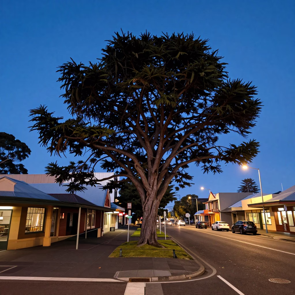 Hobart Tasmania indigo twilight street scene with cedar tree and leaf shadows in in Hobart, Tasmania, Australia
