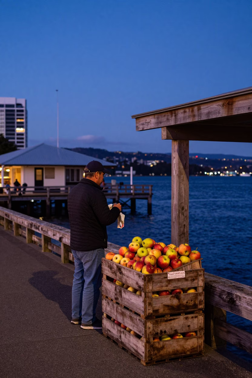 Hobart Tasmania Indigo Twilight Street Scene with Fruit Crate and Local Life in in Hobart, Tasmania, Australia
