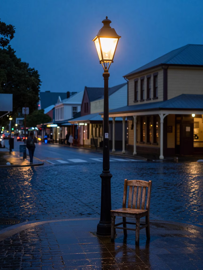 Hobart Tasmania Indigo Twilight Street Scene with Vintage Lantern and Wooden Chair in in Hobart, Tasmania, Australia
