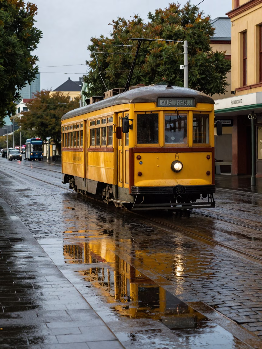 Hobart Tasmania Late Morning Street Scene with Tram Reflection on Cobblestones in in Hobart, Tasmania, Australia