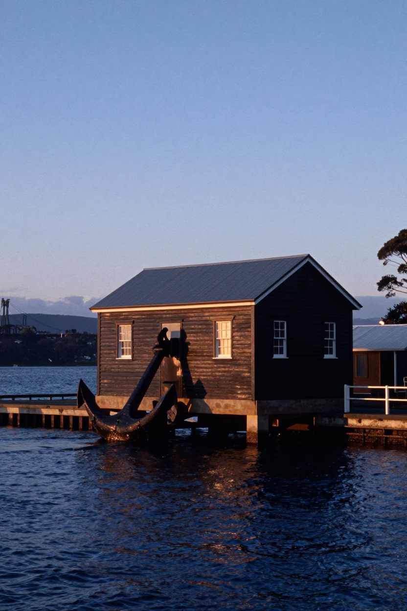 Hobart Tasmania Nautical Dawn Drawbridge Counterweight House Black Tidal Channel Realistic 1970s Photography in in Hobart, Tasmania, Australia