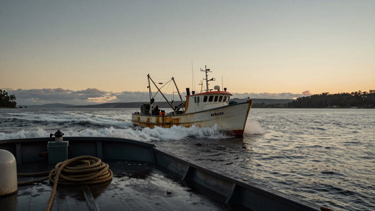 Hobart Tasmania Nautical Dawn Fishing Boat Returning Through Crashing Surf in in Hobart, Tasmania, Australia