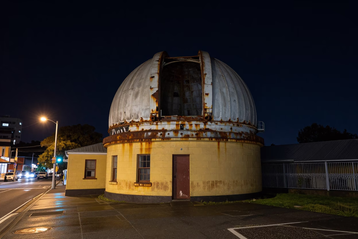 Hobart Tasmania Night Street Scene with Abandoned Observatory Dome and Urban Decay in in Hobart, Tasmania, Australia