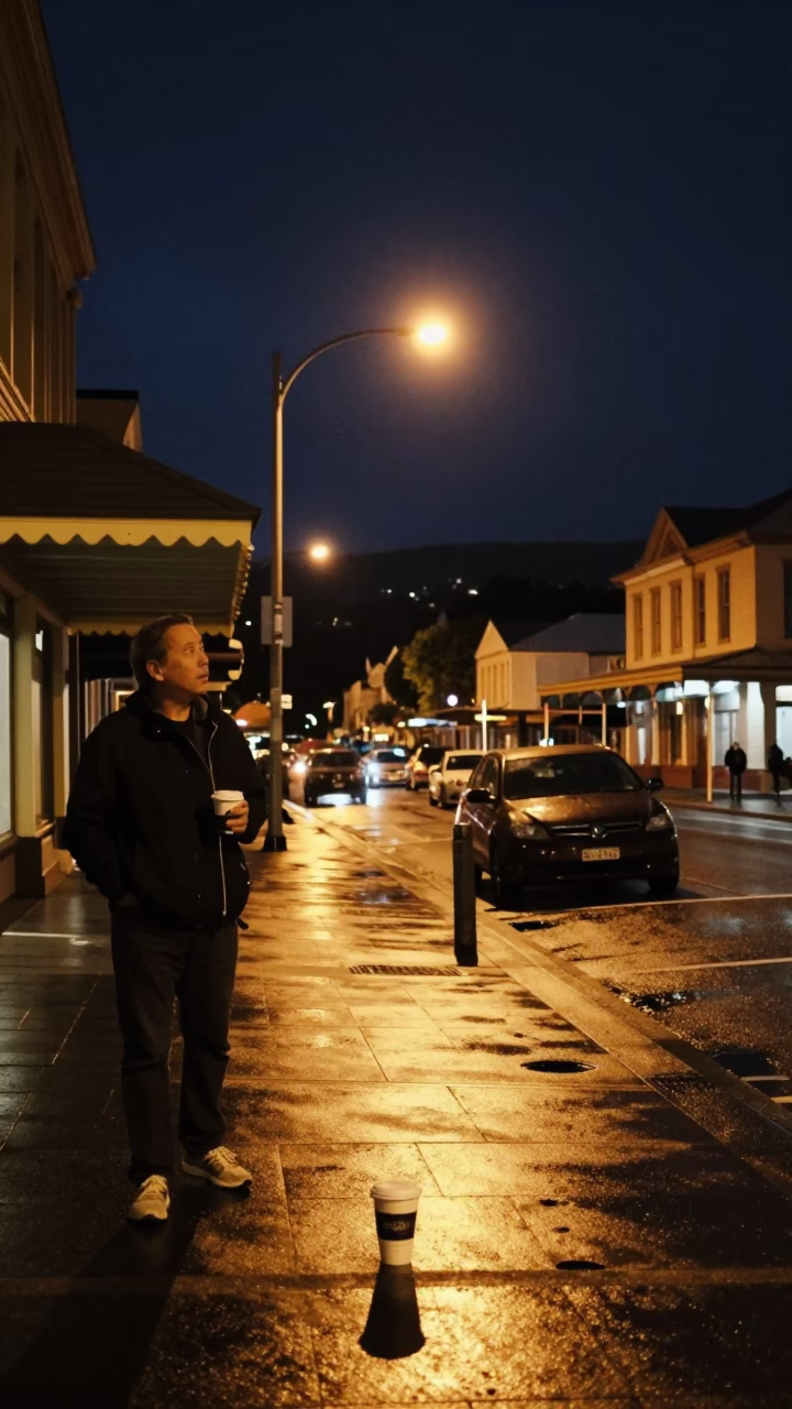 Hobart Tasmania Night Street Scene with Coffee Cup and Local Shopfront in in Hobart, Tasmania, Australia