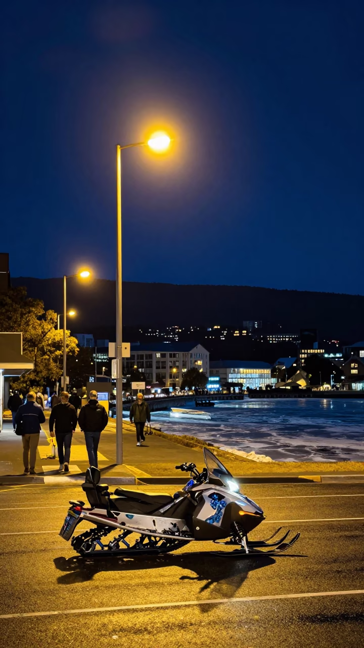 Hobart Tasmania Night Street Scene with Snowmobile and Blueberries Under Deep Sky in in Hobart, Tasmania, Australia