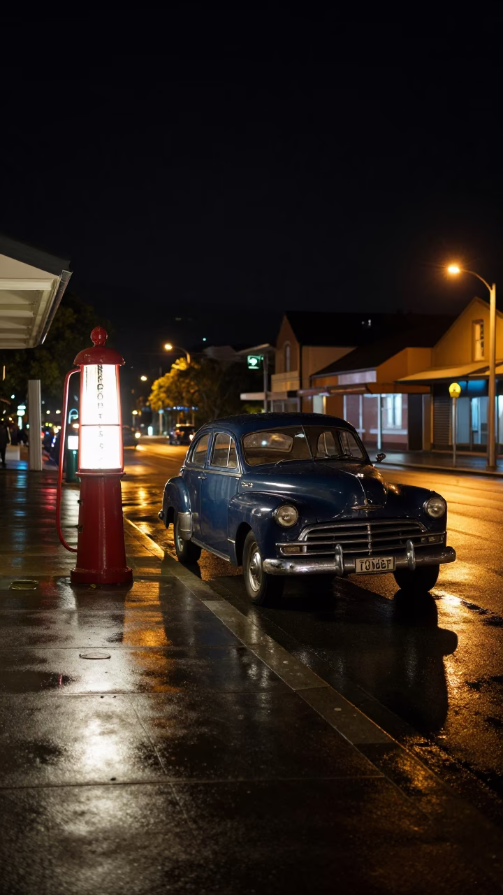 Hobart Tasmania Night Street Scene with Vintage Car and Gas Lamp Illumination in in Hobart, Tasmania, Australia