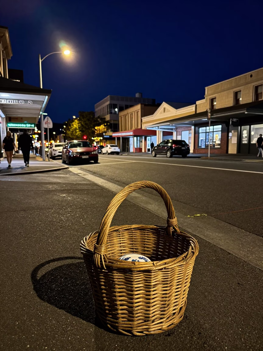Hobart Tasmania Night Street Scene with Wicker Basket and Porcelain Bowl in in Hobart, Tasmania, Australia
