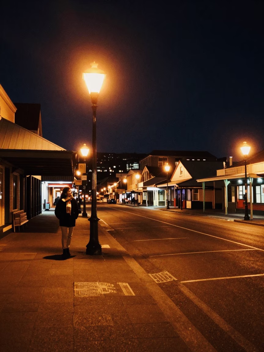 Hobart Tasmania Night Street Scene with Wool Scarves and Local Architecture in in Hobart, Tasmania, Australia
