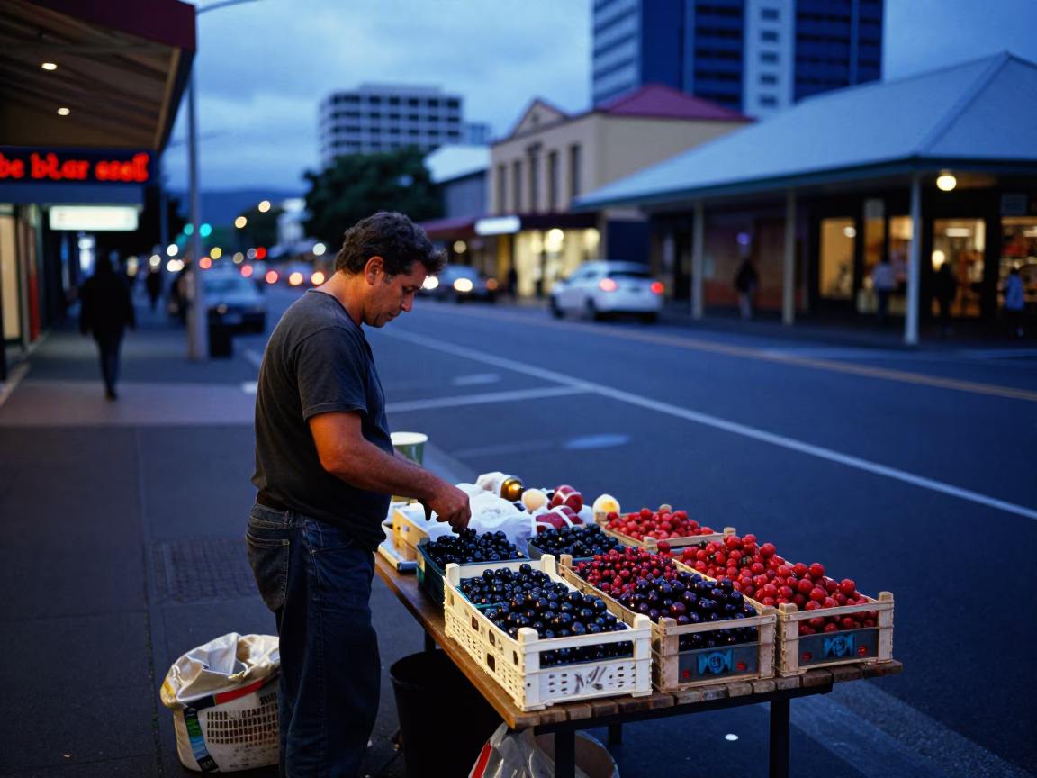 Hobart Tasmania Pre-Dawn Street Scene with Berry Vendor and Faceted Glass in in Hobart, Tasmania, Australia