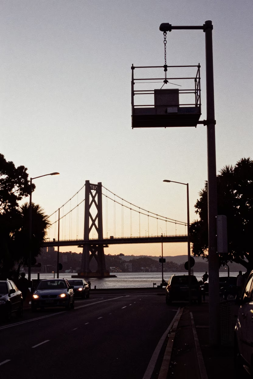 Hobart Tasmania pre-dawn street scene with bridge maintenance cage and Chihuahua in in Hobart, Tasmania, Australia