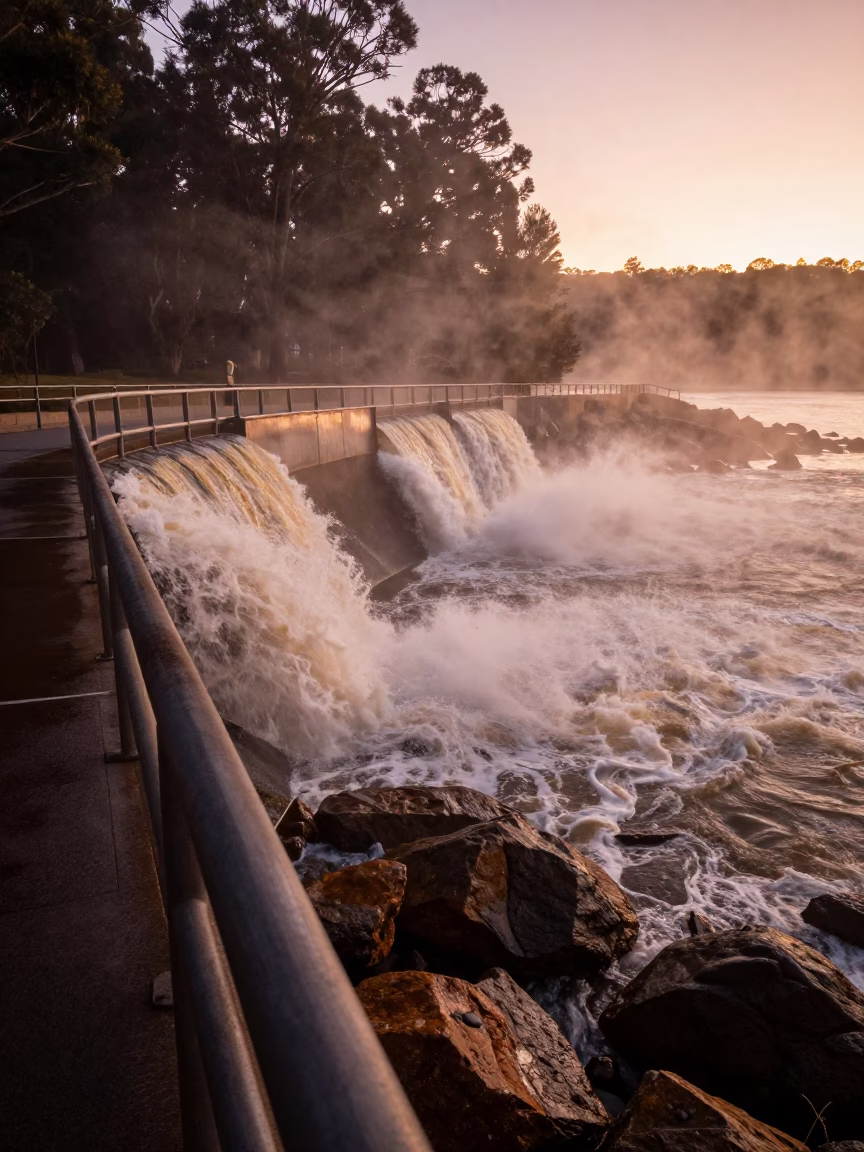 Hobart Tasmania Spillway Walkway Mist Rising Into Copper Toned Light Before Dusk in in Hobart, Tasmania, Australia