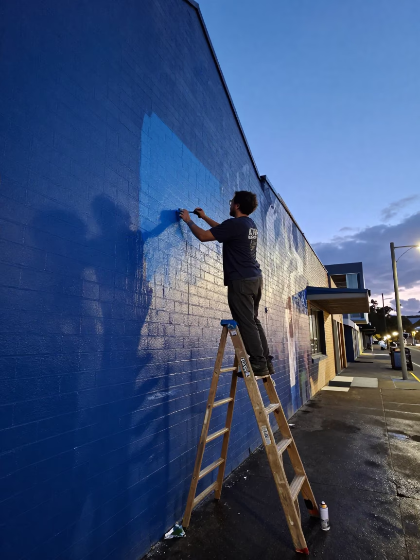 Hobart Tasmania street mural painting in indigo twilight after sunset in in Hobart, Tasmania, Australia