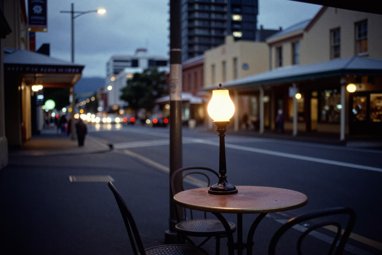 Hobart Tasmania Street Scene at Dusk with Table Lamp and Clematis Vine in in Hobart, Tasmania, Australia