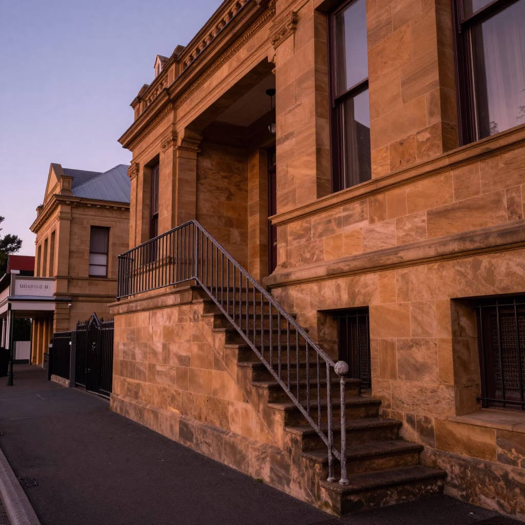 Hobart Tasmania Street Scene Before Dusk with Stair Rail and Local Architecture in in Hobart, Tasmania, Australia