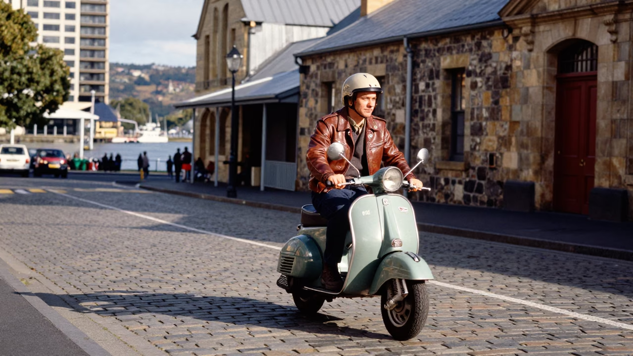 Hobart Tasmania Street Scene Early Afternoon with Vintage Scooter and Local Architecture in in Hobart, Tasmania, Australia