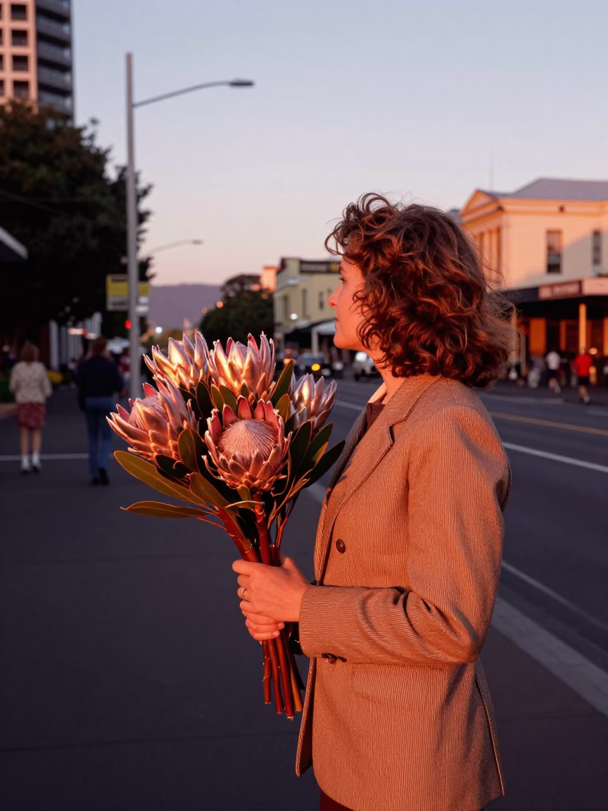 Hobart Tasmania Street Scene with King Protea Blooms in Copper Dusk Light in in Hobart, Tasmania, Australia