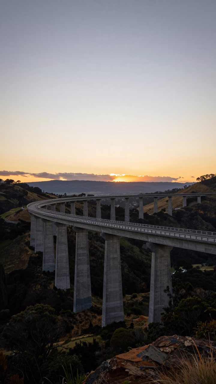 Hobart Tasmania Sunset Concrete Viaduct Over Valley Floor Realistic 1960s Photography in in Hobart, Tasmania, Australia