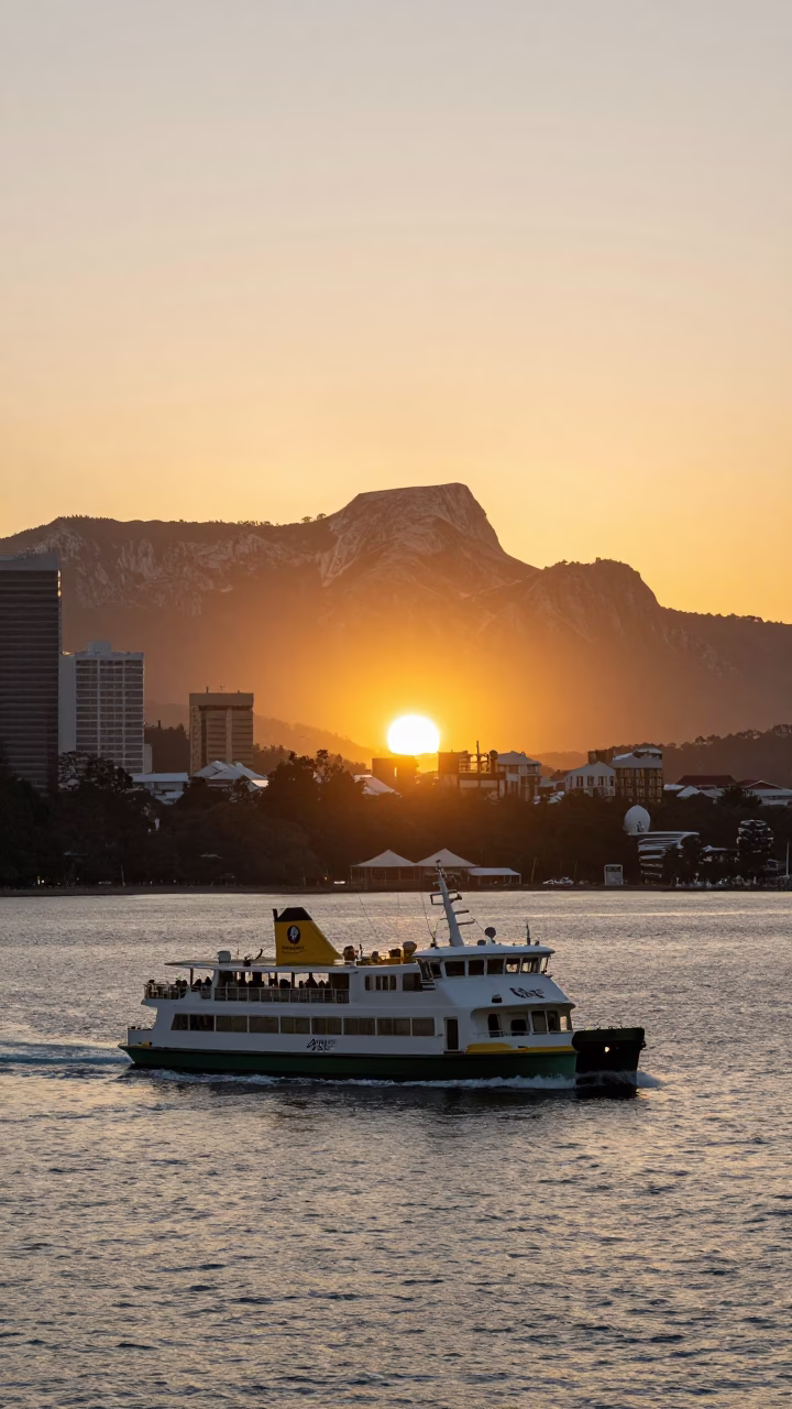Hobart Tasmania Sunset Harbor Ferry Departure with Mount Wellington Mountain Backdrop in in Hobart, Tasmania, Australia